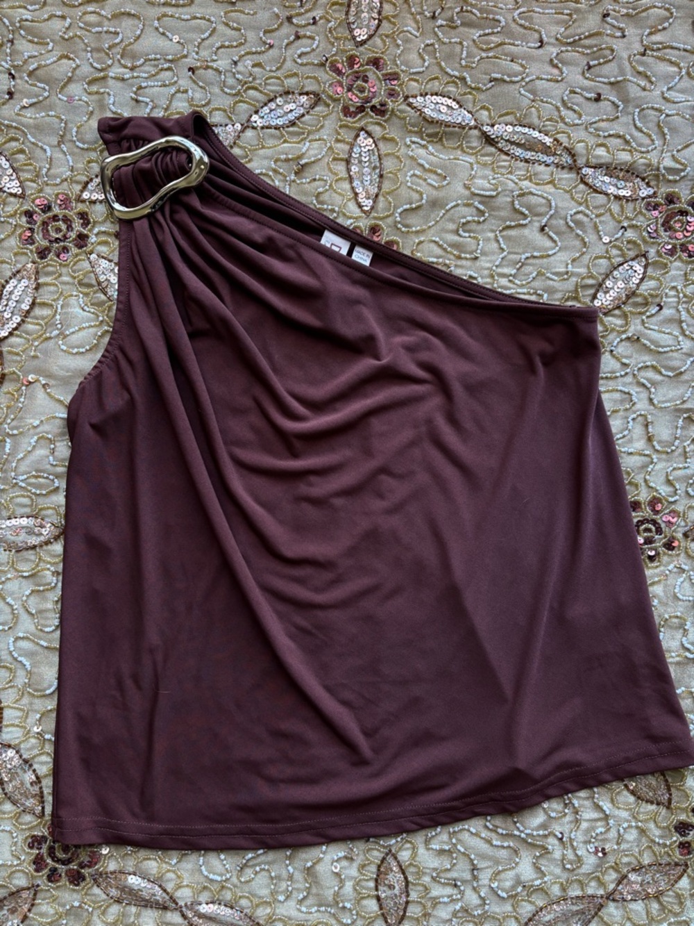 Anthropologie Mauve-Brown One-Shoulder Tank with Gold Ring Accent